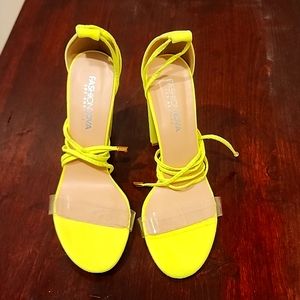 NEON Yellow Clear strap lace up heels. NWOT, size 9